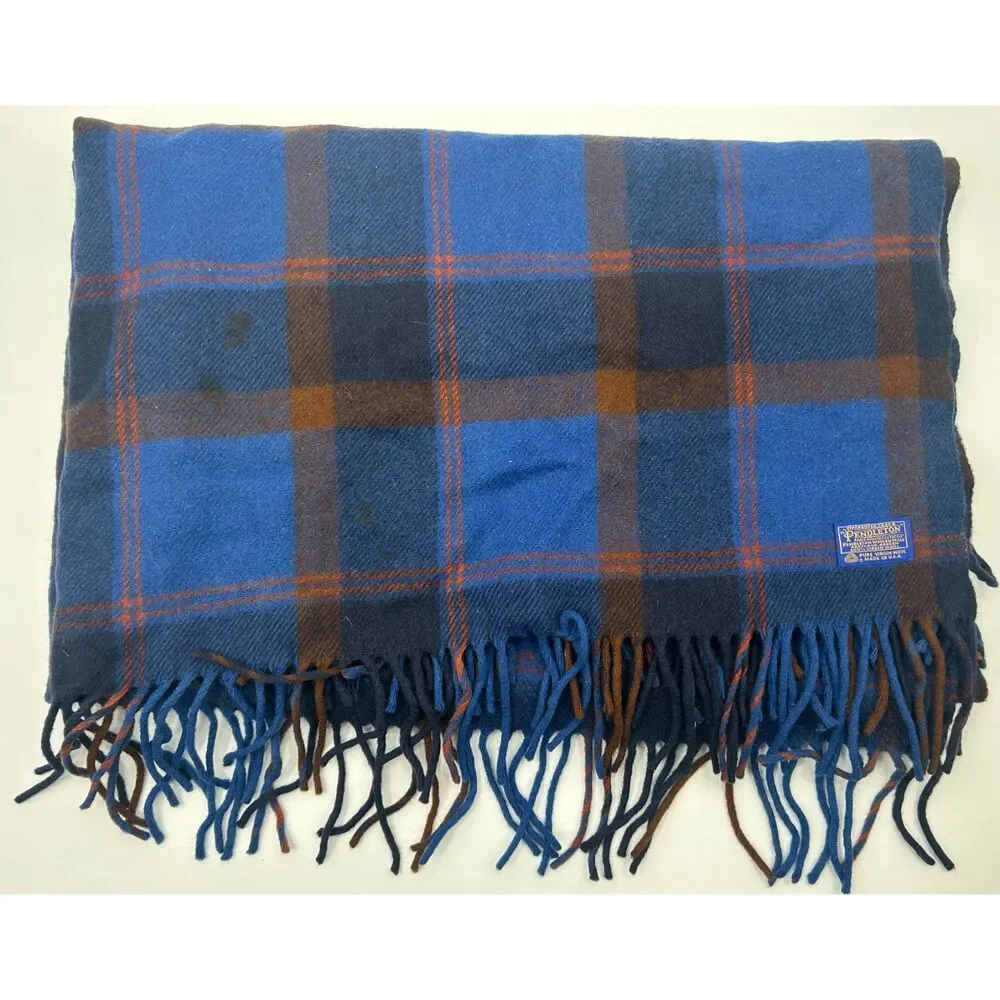 Vintage Pendleton Wool Fringe Tartan Plaid Blue 62x50 Blanket Flawed